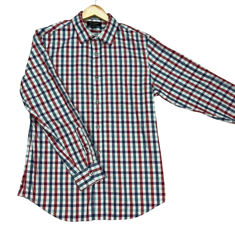 Banana Republic‎ Button Down Shirt Mens Large Red Blue Gingham Slim Herringbone